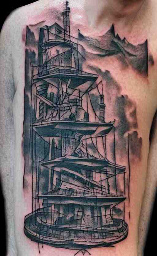 a tattoo of an old man wearing a hat on top of a tower, ultra detailed, tattoo, 8 k 