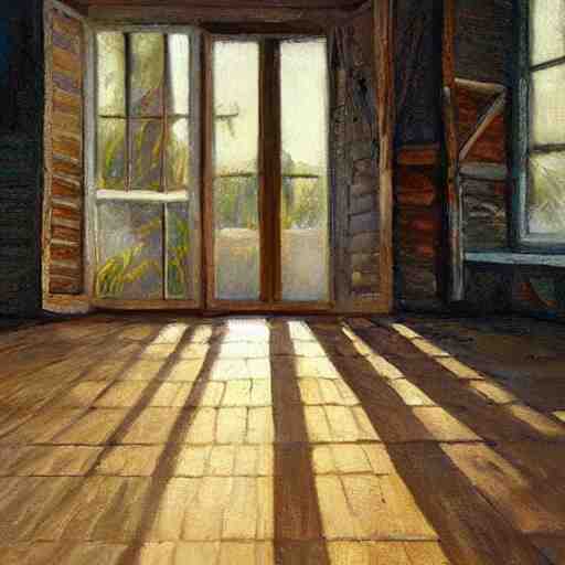 oil painting of mostly empty cottage interior, one small window with sunlight shining onto the floor. artistic. cozy. wooden floor. rustic. solace. 