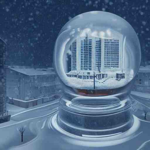 a snow globe with a soviet apartment building in it, rending on cgsociety, retrofuturism, tesseract, isometric, physically based rendering, 1 9 9 0's 