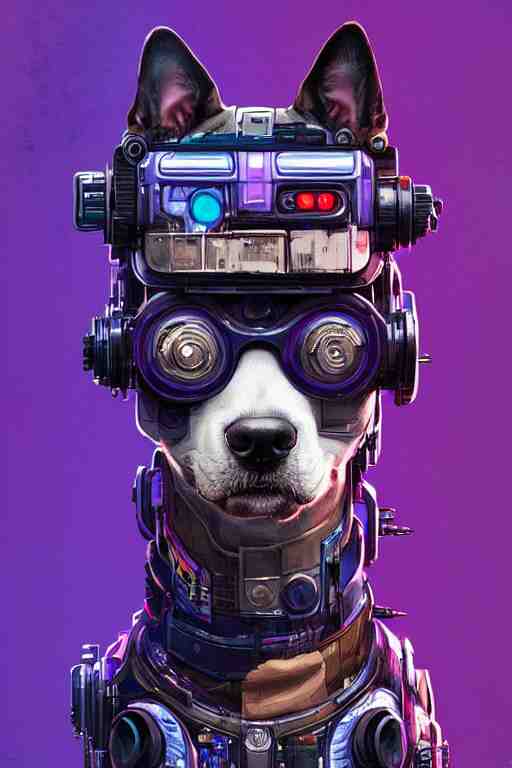 a beautiful portrait of a cute cyberpunk dog by sandra chevrier and greg rutkowski and wlop, purple blue color scheme, high key lighting, volumetric light, digital art, highly detailed, fine detail, intricate, ornate, complex, octane render, unreal engine, photorealistic 