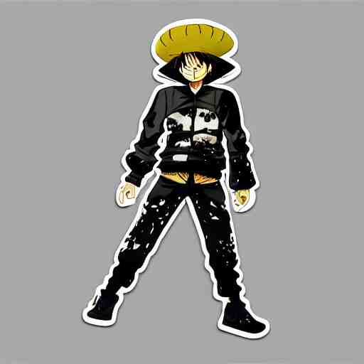 die cut sticker, luffy in techwear, splatter paint 