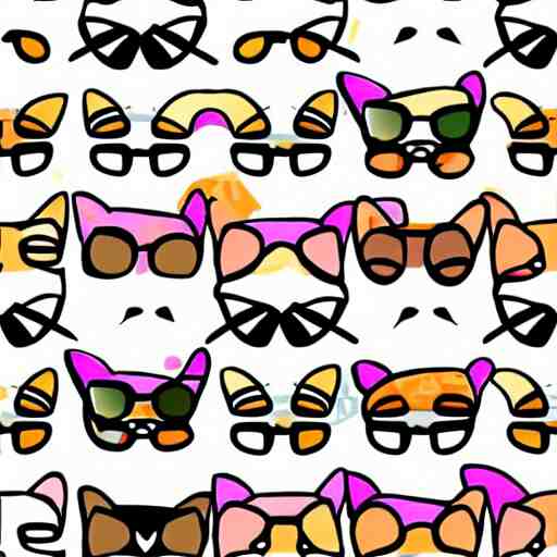 pattern made of several repeating cats wearing sunglasses. cartoon. colorful. cute. 