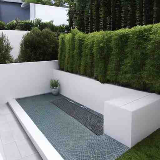 luxury small backyard walls at the sides, modern hut at the back all white, no plants, no grass, brown floor, small pool 