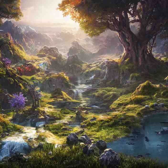 beautiful realistic landscape photo of fantasy mmo world, intricate detailed, innovation, bright modern style, artstation, unreal render, depth of field, ambient lighting, award winning, stunning