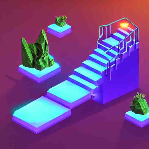 mobile game asset, isometric staircase, crystals, organic low poly design, bioluminescent alien - like plants inspired by the pandora aesthetic avatar's alien nature. we can see alien plants glowing in the dark arround the isometric itens in dark place cyan, orange smooth glow night photoshop filter low poly behance hd 