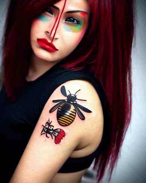 a tattoo of bee movie on the face of a woman with crimson - black hair, cute crimson - black bee - themed outfit, cinematic lighting, beautiful composition 