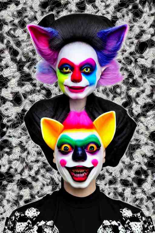 color : monochrome blackout, nft - generative collectible of knownorigin and superrare : an intricate and extremely detailed sculpture of a kawaii memeart - sphynx - cat - clown with vr headset - bjork mask ( vulnicura fashion by james merry ) : 1 | vulcano twin flame american horror story cover : background, dmt hyperspace persephone - clown by peter birkhauser neon - orange - grey monochrome : a single close up photo - real delicate cyberpunk - ceramic black porcelain, high detailed face, smiling woman, cyborg, photorealism, golden ratio, hyper - realistic 3 d, insanely super detailed, realistic octane render, 1 6 k, fashion photography, hard light goddess detailed in front of an intricate background ( generative art, neo - andean architecture ) : 0. 8 | micro detail, backlit lighting, face in focus, subsurface scattering, translucent, thin porcelain, physically based rendering, japanese pottery, trending on cgsociety 1 6 k : 1 