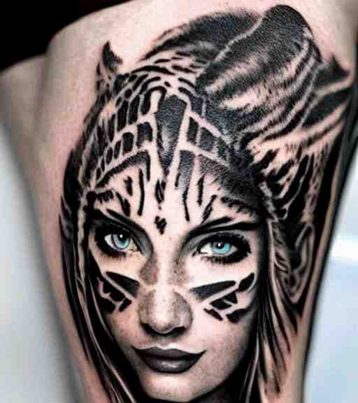 tattoo design of a beautiful girl warrior under a tiger head, hyper realistic, realism tattoo, by eliot kohek, beautiful eyes, realistic face, black and white, white background 