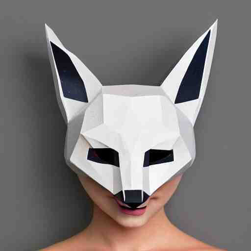 a young blue-eyed blonde woman wearing a lowpoly fox mask made of transparent glass, looking sideways seductively