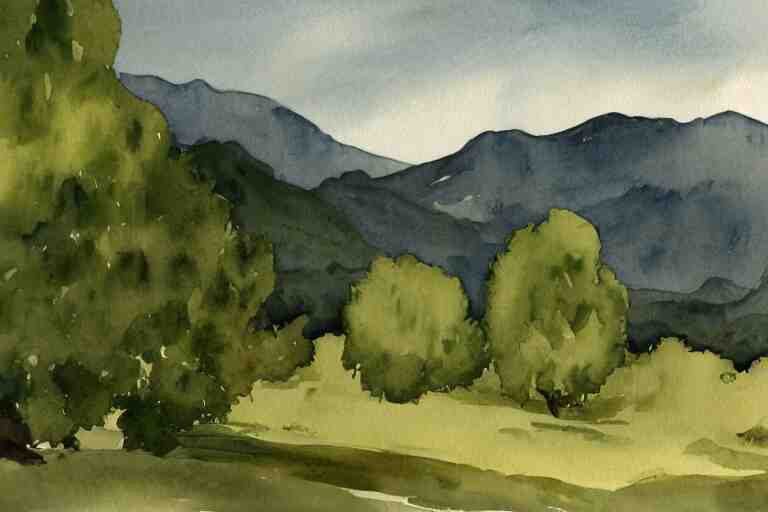 green landscape with trees and mountains in the distance, watercolor 