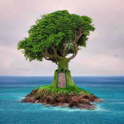 a tree with a tree house in it in the ocean 