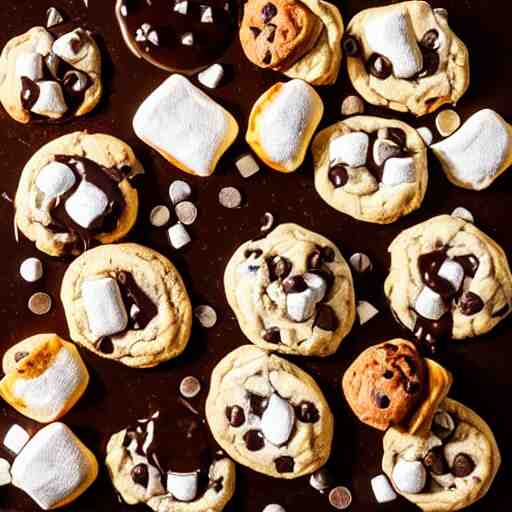 opulent banquet of freshly baked chocolate chip cookies, delicious, glistening, chocolate sauce, marshmallows, highly detailed, food photography, art by rembrandt 