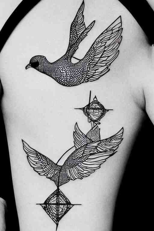 a beautiful tattoo design of minimalist flying swallows, flying into geometric spirals, black ink, abstract logo, line art 