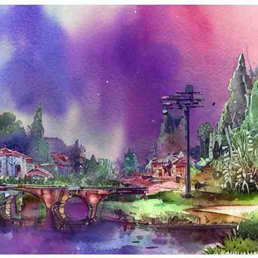 Beautiful happy picturesque charming sci-fi town in harmony with nature. Beautiful light. Water and plants. Nice colour scheme, soft warm colour. Beautiful detailed artistic watercolor by Vincent. (2022)