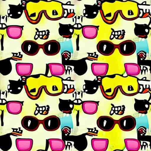 pattern made of several repeating cats wearing sunglasses. cartoon. colorful. cute. 