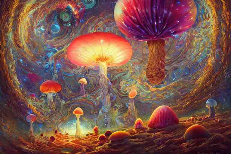 trippy cosmic mushroom, oil on canvas, intricate, portrait, 8k highly professionally detailed, HDR, CGsociety, illustration painting by Mandy Jurgens and Małgorzata Kmiec and Dang My Linh and Lulu Chen and Alexis Franklin and Filip Hodas and Pascal Blanché and Bastien Lecouffe Deharme, detailed intricate ink illustration, heavenly atmosphere, detailed illustration, hd, 4k, digital art, overdetailed art, concept art, complementing colors, trending on artstation, Cgstudio, the most beautiful image ever created, dramatic, subtle details, illustration painting by alphonse mucha and frank frazetta daarken, vibrant colors, 8K, style by Wes Anderson, award winning artwork, high quality printing, fine art, gold elements, intricate, epic lighting, very very very very beautiful scenery, 8k resolution, digital painting, sharp focus, professional art, atmospheric environment, art by artgerm and greg rutkowski, by simon stålenhag, rendered by Beeple, by Makoto Shinkai, syd meade, 8k ultra hd, artstationHD, 3d render, hyper detailed, elegant, by craig mullins and marc simonetti, Ross Tran and WLOP, by Andrew Wyeth and Gerald Brom, John singer Sargent and James gurney