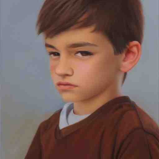 beautiful oil painting of a boy with short side part light brown hair and brown eyes