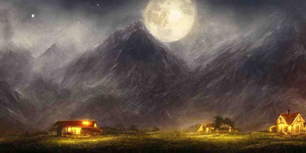 Blood soaked fields with large mountains in the distance, small cottage in the foreground, nighttime, moon in the night sky, landscape wallpaper, d&d art, fantasy, painted, 4k, high detail, sharp focus