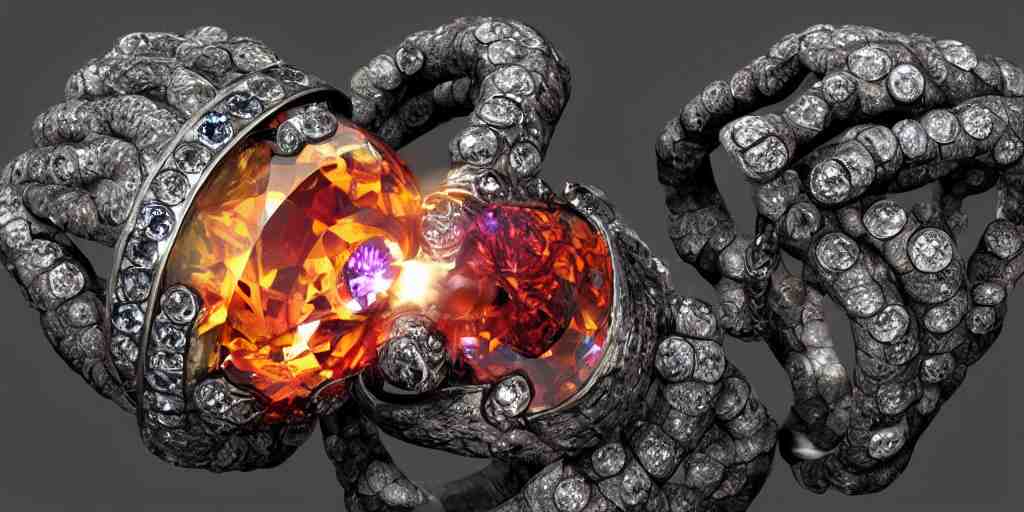 magic crystal ring, fire, stone, crystal, engravings, diamonds, colorful, art by gerald brom, greg rutkowski, photo realism, unreal engine, c 4 d 