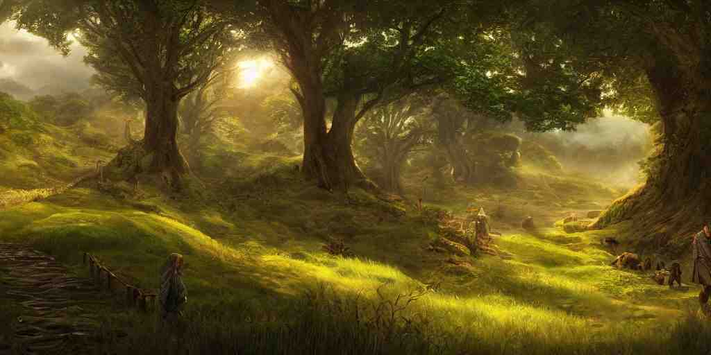 the shire, beautiful scenic landscape, lord of the rings, highly detailed professional digital painting, artstation 