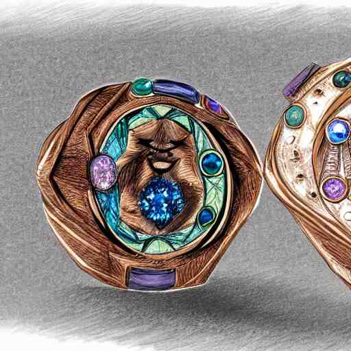 sketch of four points of view of a complex ring with a complex cameo ornament of a panther, technical sketch, rose gold, gems, high coloration, ambient lightning, highly detailed, 8 k 