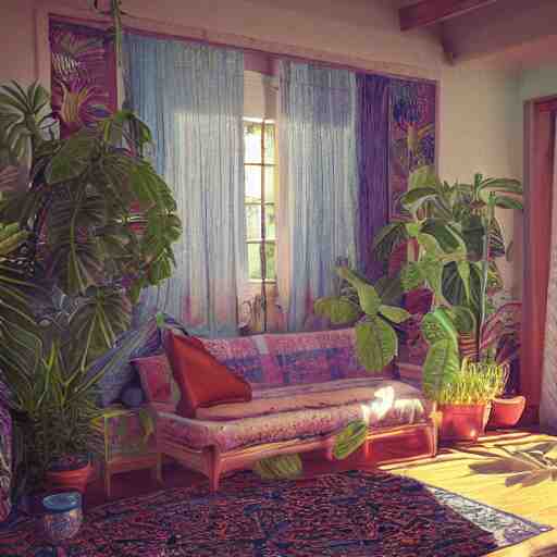 1 9 6 9 living in an older house, hippie pad, hippie chic, antiques, tropical houseplants, beaded curtains, posters on the walls, persian rugs, artstation, octane, 8 k, mildly desaturated. 