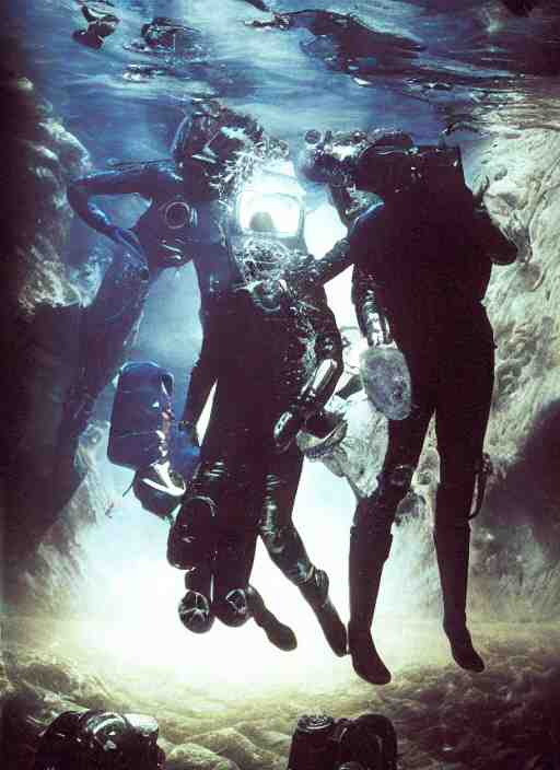 astronauts in dark void underwater - complex and hyperdetailed technical suit. reflection and dispersion materials. rays and dispersion of light. volumetric light. f / 3 2. noise film photo. flash photography. ultra realistic, wide angle. poster by wayne barlowe, hajime sorayama aaron horkey, craig mullins 