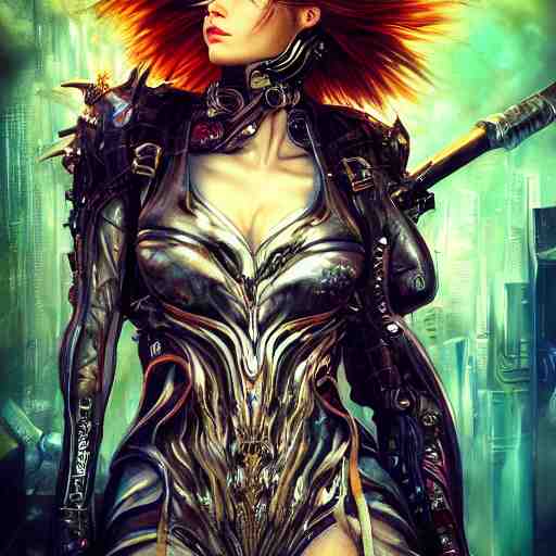 a full body beautiful woman wearing a cyberpunk outfit by karol bak, ayami kojima, artgerm, sakimichan, hr giger, blue eyes, weapons, electronics, high tech, concept art, fantasy 