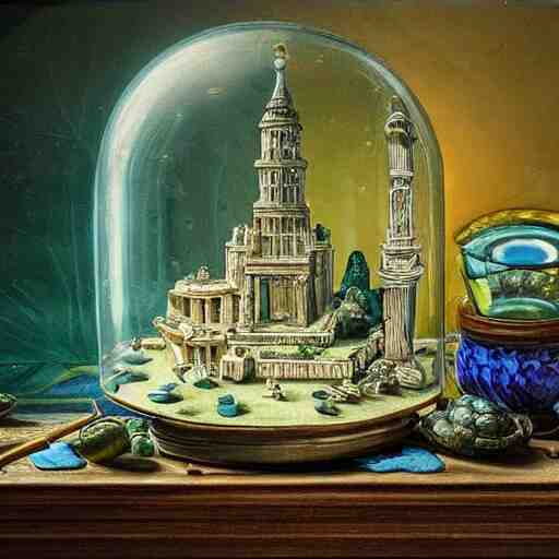 still life painting of a minature tabletop ancient city under a glass dome, by paulette tavormina and clara peeters and willem kalf, cool color - scheme with blues and greens, hyper realistic, super detailed, beautiful lighting 