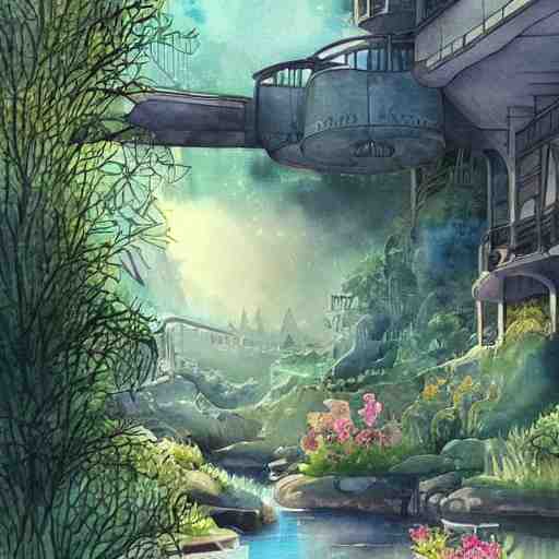 Beautiful happy picturesque charming sci-fi town in harmony with nature. Beautiful light. Water and plants. Nice colour scheme, soft warm colour. Beautiful detailed watercolor by Lurid. (2022)