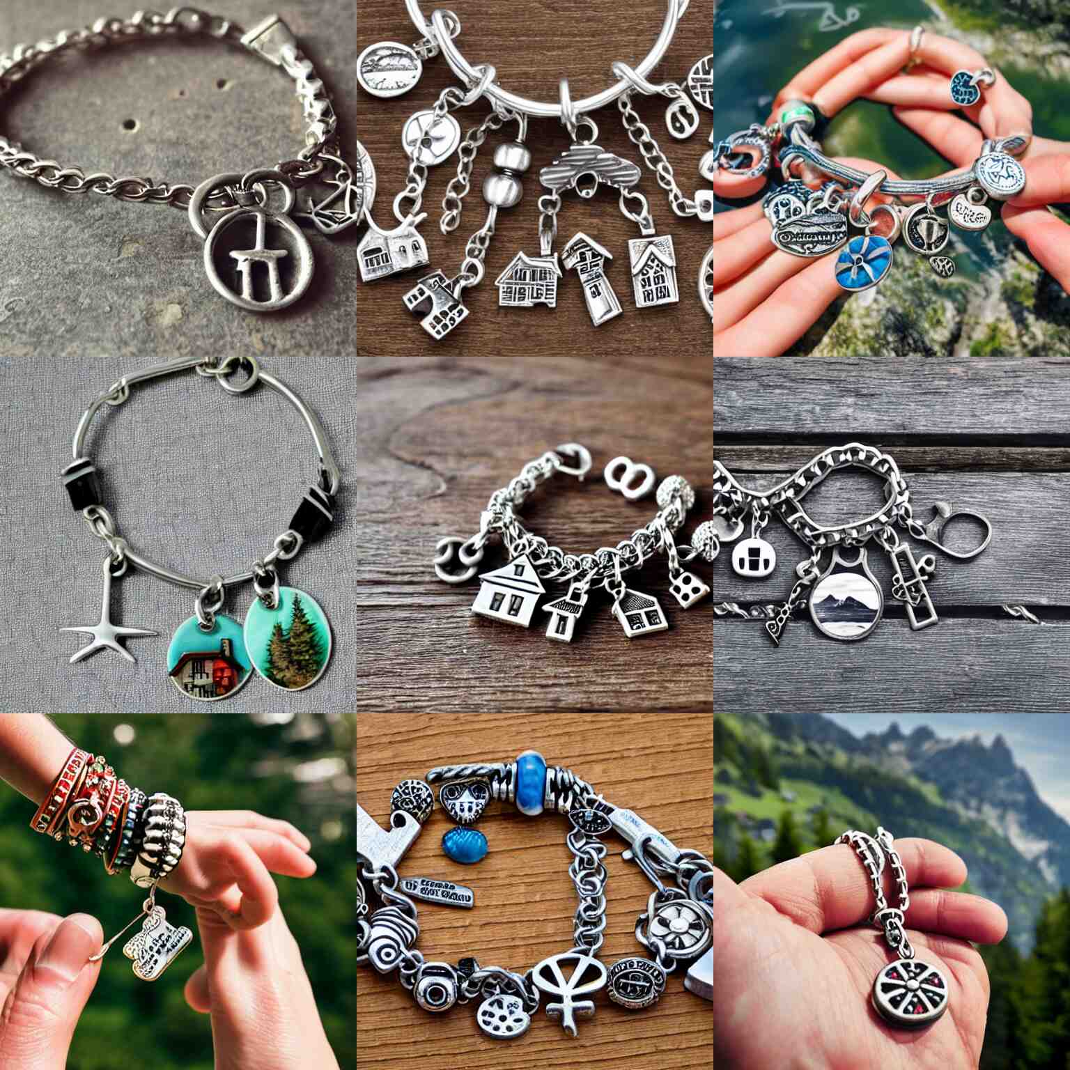 charm bracelet with charms of swiss cottages and mountains, hand model close-up photo