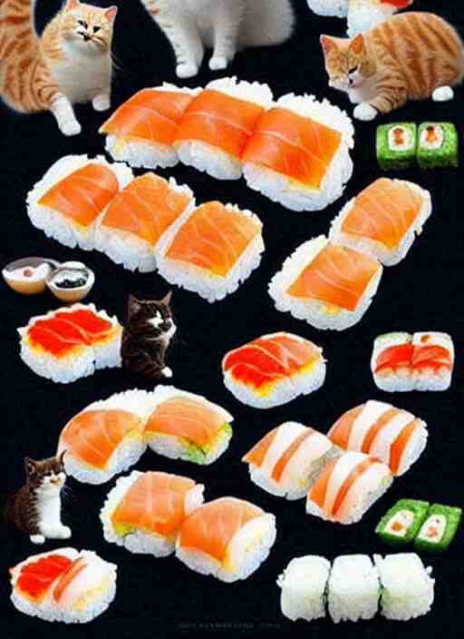 clear photorealistic picture of adorable cats made out of sushi 