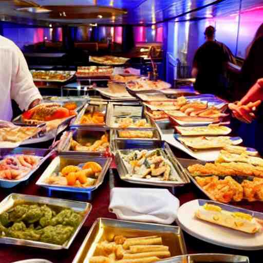 satan filling plates of food from the buffet on a cruise liner 