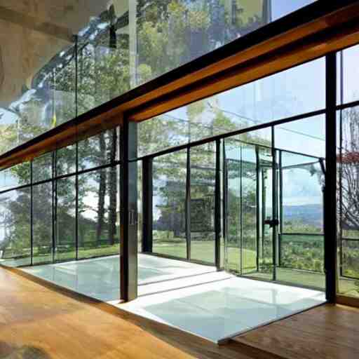 a house made entirely of glass. glass furniture, glass walls, glass ceiling, glass floor, glass decor, glass people 