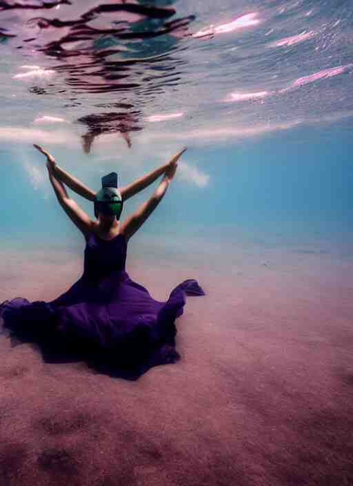 girl in a long dress swimming underwater, caustics, surreal underwater photography