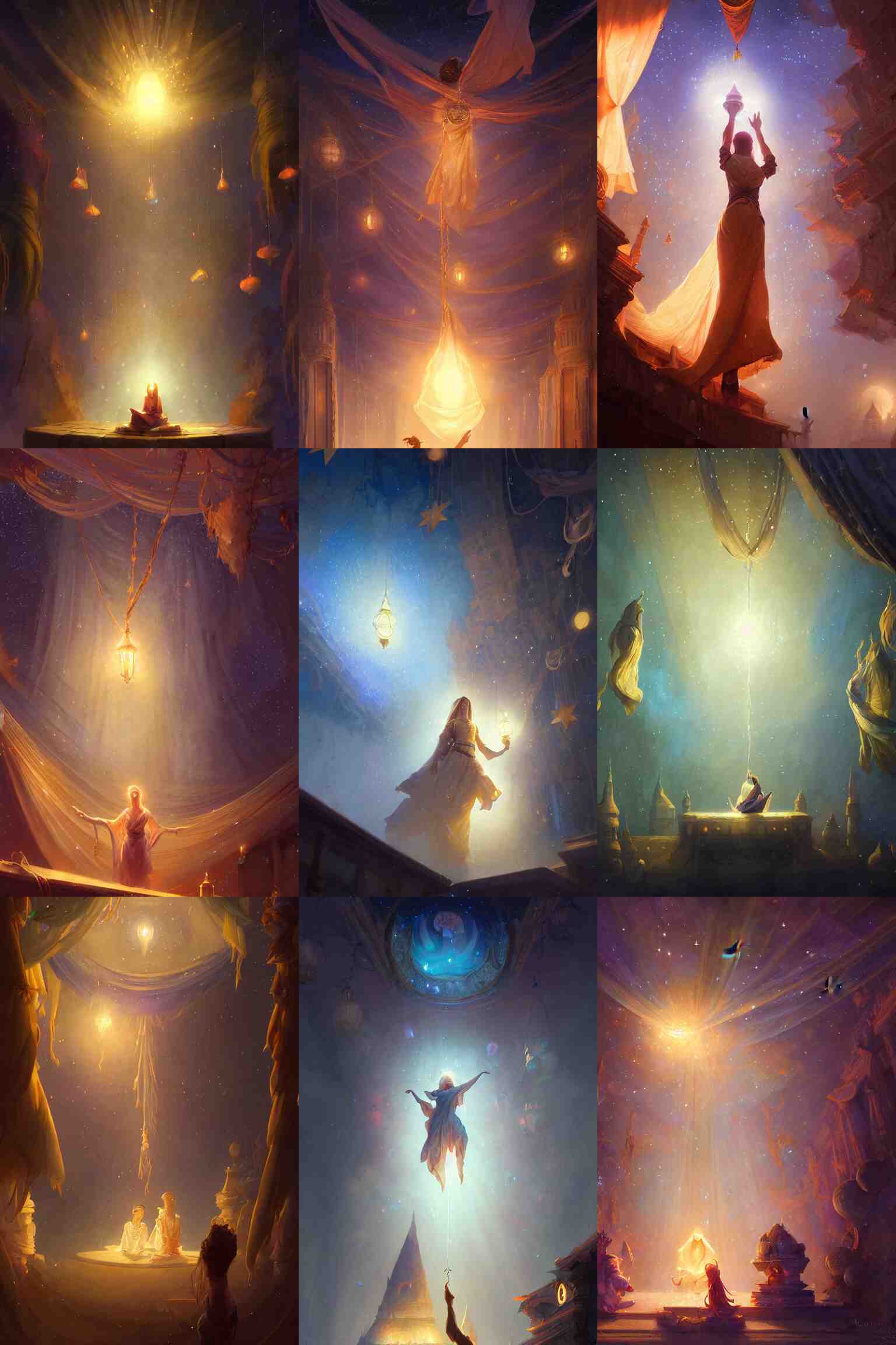 student mage projecting an image out of their hands of another land with stars and hanging silk drapery and tapestries, light dust, magnificent, close up, sharp focus, elegant, highly detailed, illustration, by jordan grimmer greg rutkowski wlop maya takamura, intricate, trending artstation, pixiv, digital art 