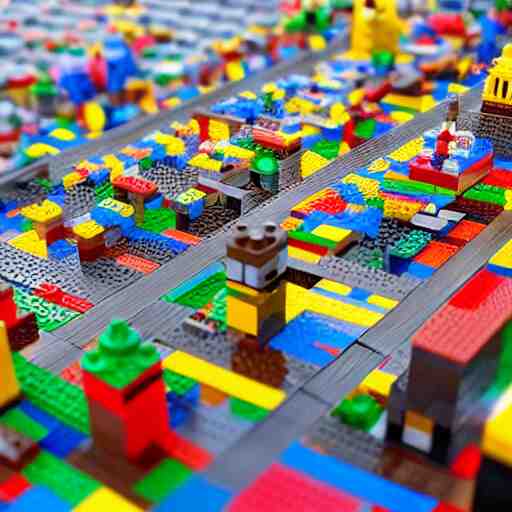 mini lego in the city, photorealistic, highly detailed, sharp focus, vivid, symmetrical, random, convoluted, mind - blowing, creative, fully functional, physics defying, amazing, cool, atmospheric 