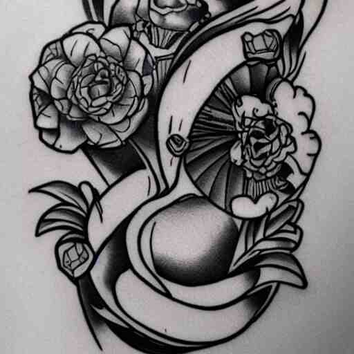 a tattoo of balloons, tattoo art, black and white tattoo,