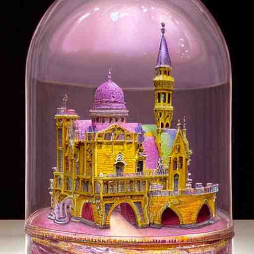 miniature tabletop castle under an ornate glass dome, by paulette tavormina and vermeer, intense pastel colors, hyper realistic, detailed, beautiful bright lighting 