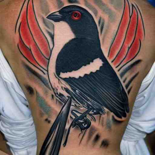 back piece tattoo of a magpie flared out holding a pennant in it's claws, high detail 