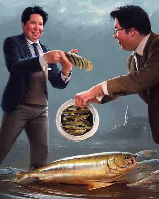 j k rowling & michael mcintyre holding a ring pull can of sardines, elegant, real life skin, intricate, high detailed, artstation, concept art, smooth, sharp focus, art by artgerm and greg rutkowski 