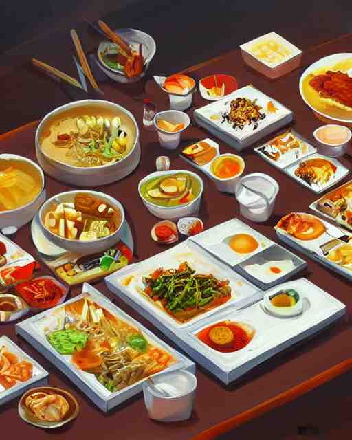 a painting of a table full of korean foods, concept art by taro yamamoto, pixiv contest winner, auto - destructive art, official art, concept art, pixiv 