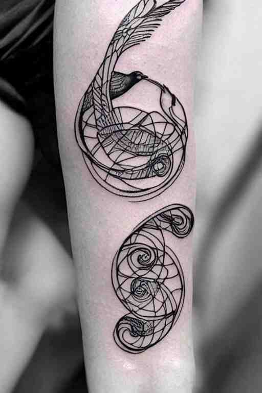 a simple tattoo design of birds flying in spirals, black ink, logo 