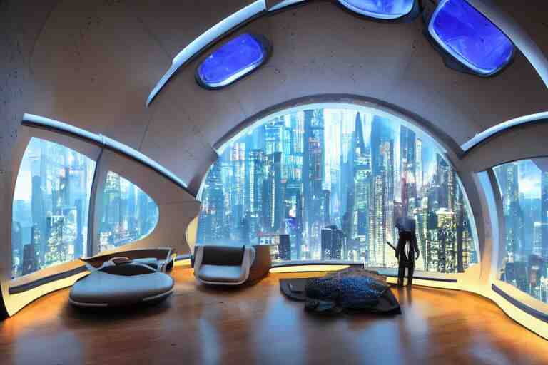 a futuristic bedroom with large curved ceiling high windows looking out to a far future cyberpunk cityscape, cyberpunk neon lights, raining, scifi