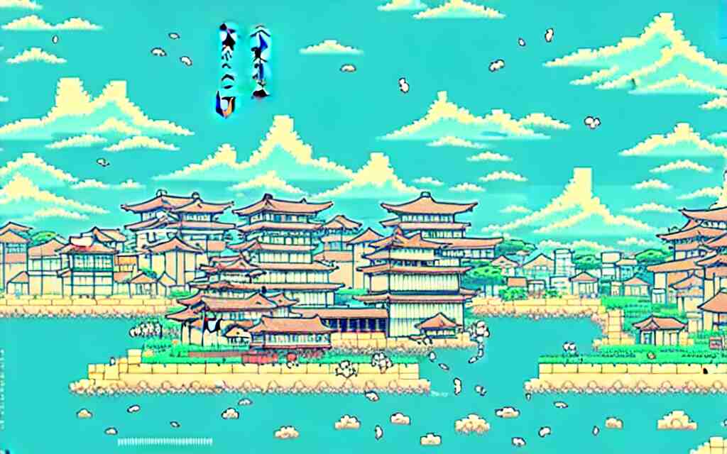 a japanese city near the sea, lofi, dreamy, moody, anime inspiration, ghibli vibe, pixelart 