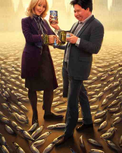 j k rowling & michael mcintyre holding a ring pull can of sardines, elegant, real life skin, intricate, high detailed, artstation, concept art, smooth, sharp focus, art by artgerm and greg rutkowski 