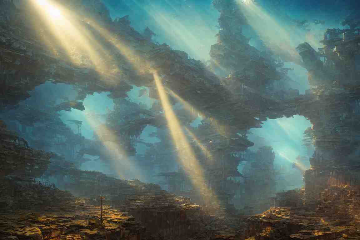 sunbeams shining through underwater city ruins, oil painting, concept art, filip hodas, john howe, mike winkelmann, jessica rossier, andreas rocha, bruce pennington, 4 k, 