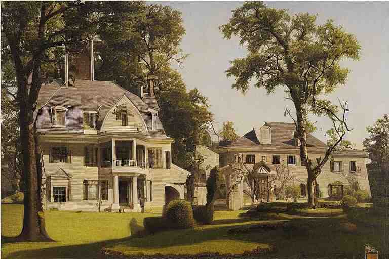 a small house and a mansion. they are divided by a wall of money by rockwell 