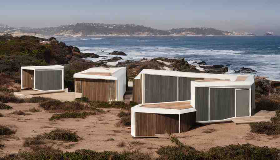 An architectural rending of an eco-community neighborhood of innovative contemporary 3D printed sea ranch style cabins with rounded corners and angles, beveled edges, made of cement and concrete, organic architecture, on the California coastline with side walks, parks and public space , Designed by Gucci and Wes Anderson, golden hour