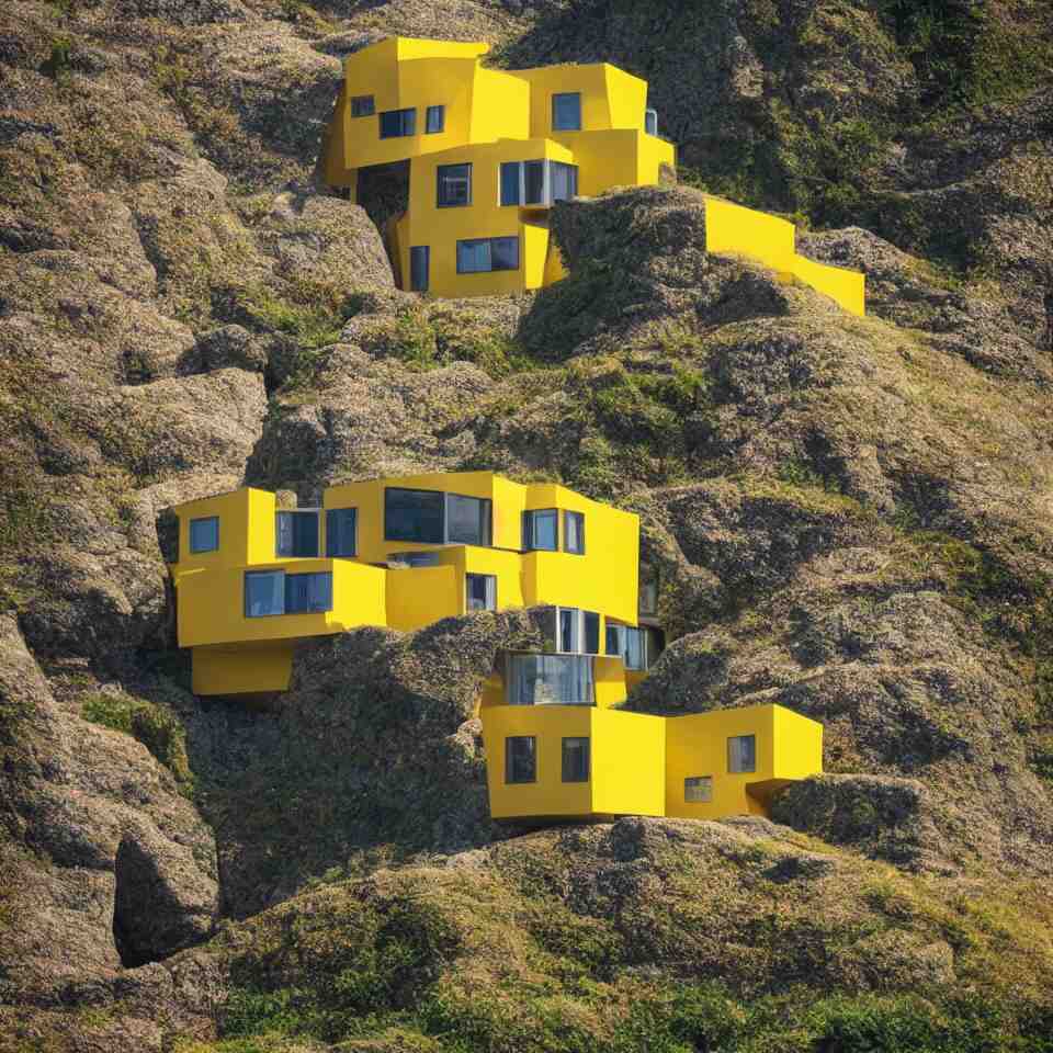 a tiny flat horizontal house on a cliff, designed by Frank Gehry. Big tiles. Small wooden pathway . Film grain, cinematic, yellow hue